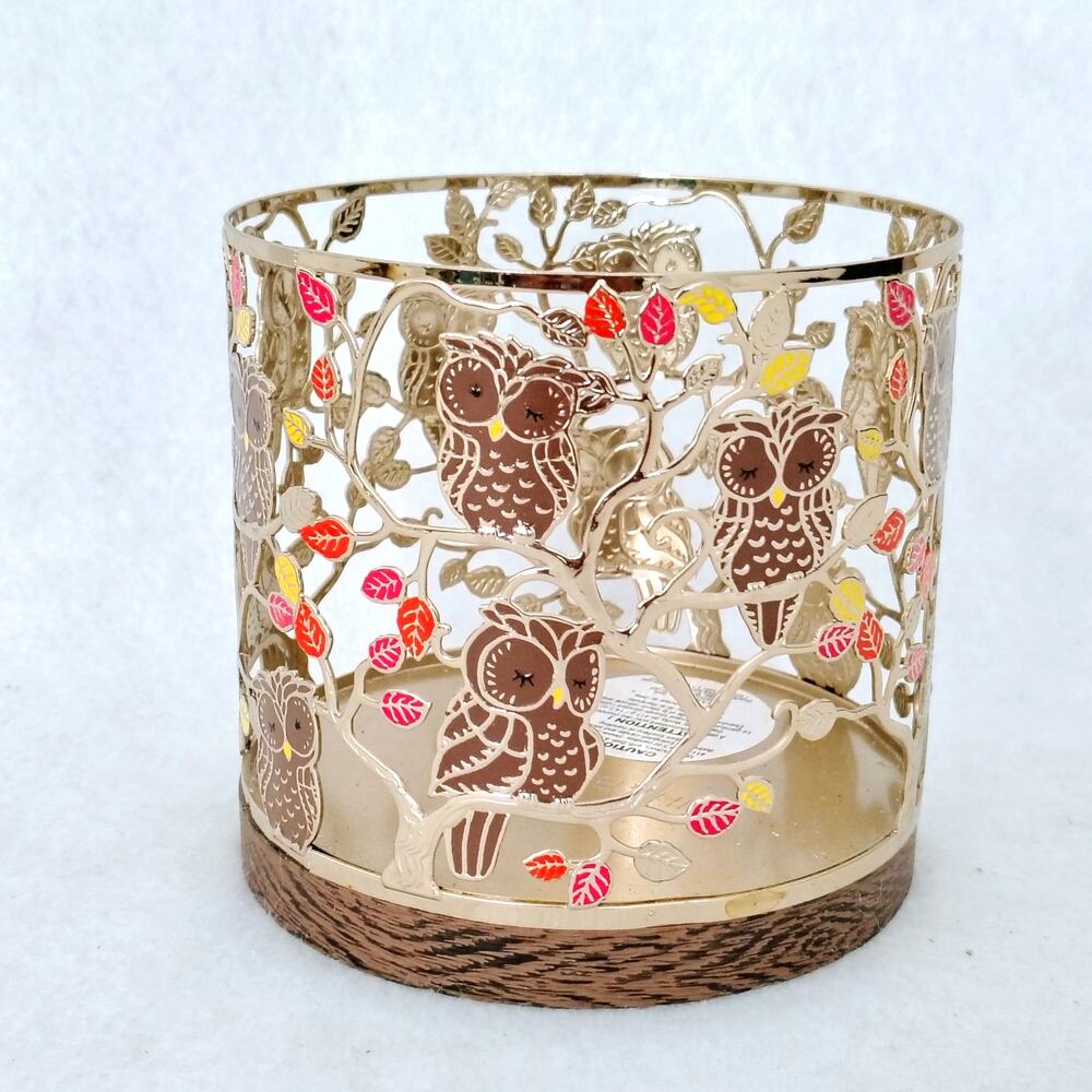 Bath & Body Works Sleeping Owl Gold Metal 3 Wick Candle Holder Leaves Fall Color - Picture 2 of 8
